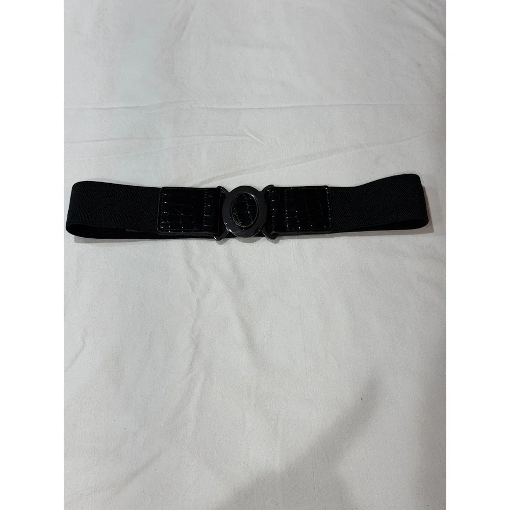 Nine West Black Elastic Waist‎ Belt Faux Croc Patent Leather Buckle M/L RS8038